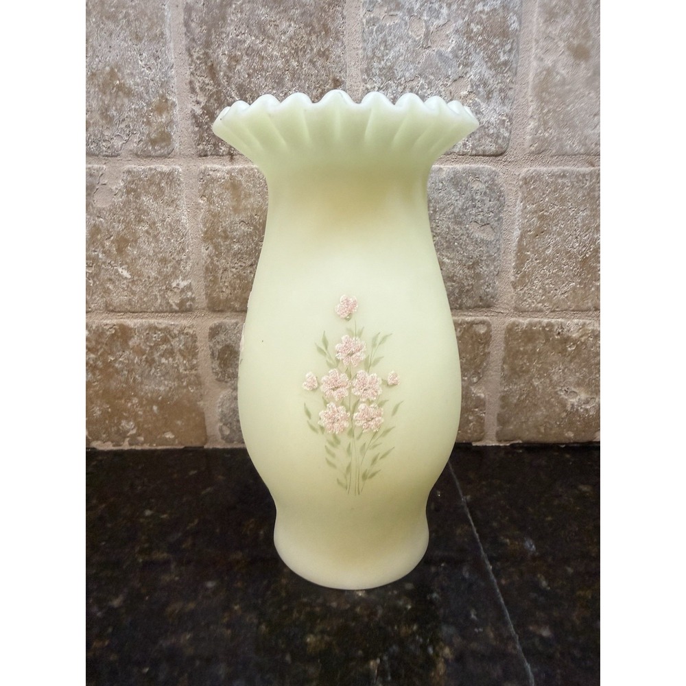 Fenton Painted Custard Glass Pink Floral Signed Hurricane Lamp Candle Holder Top